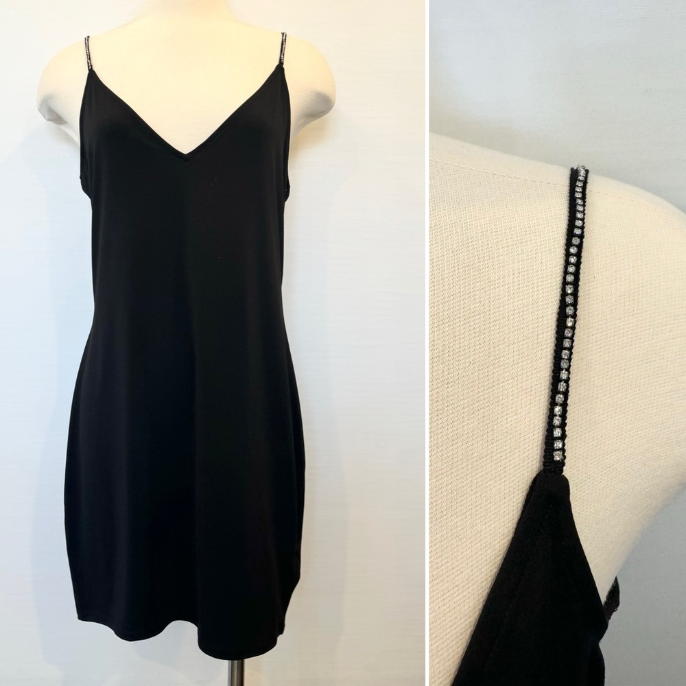 H&M Rhinestone Black Stretch Gothic Sparkle LBD Slip Dress L🔥